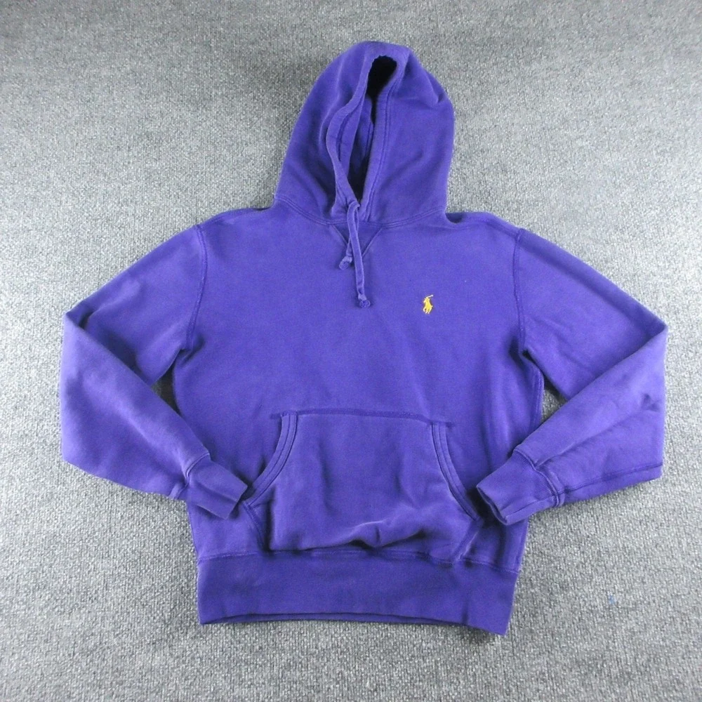 Polo Ralph Lauren Hoodie Mens Small Purple Pullover Fleece Pony Logo Flaw